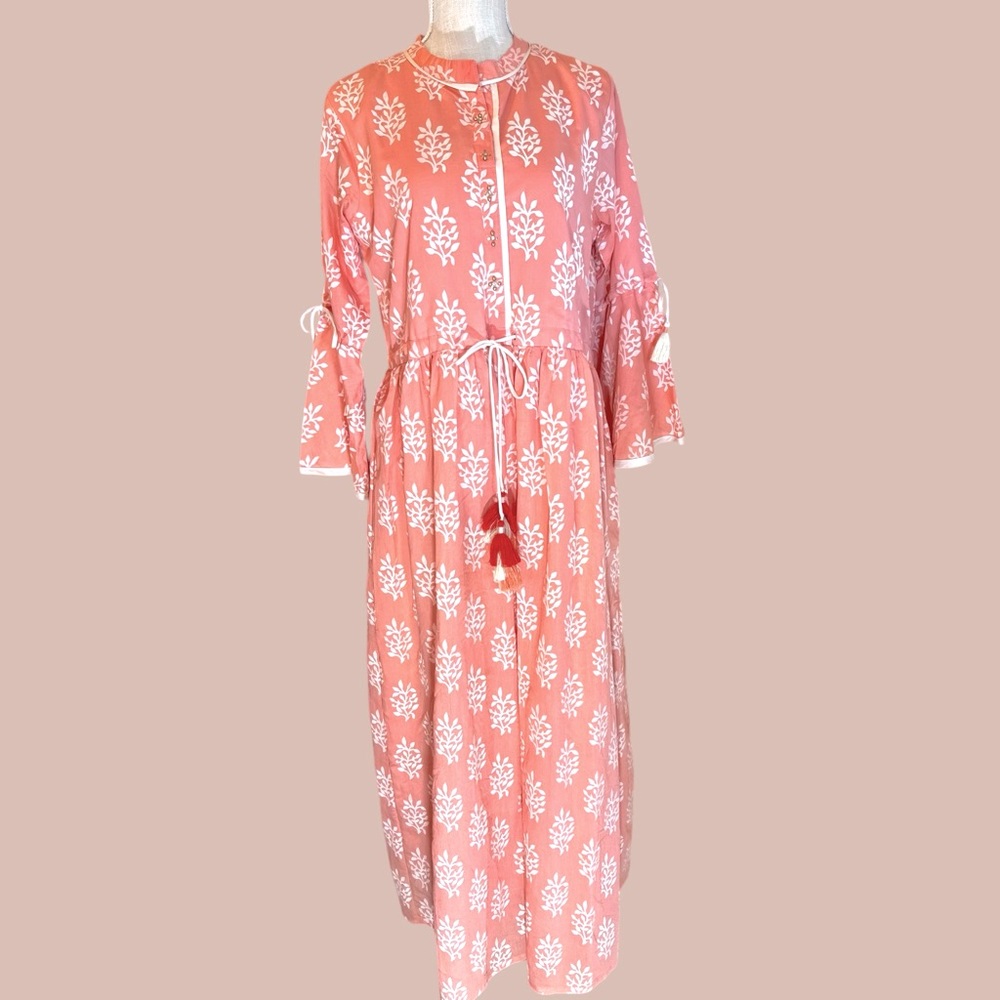 Four Buttons NWT size XL coral & off white printed cotton  India kurti‎ dress